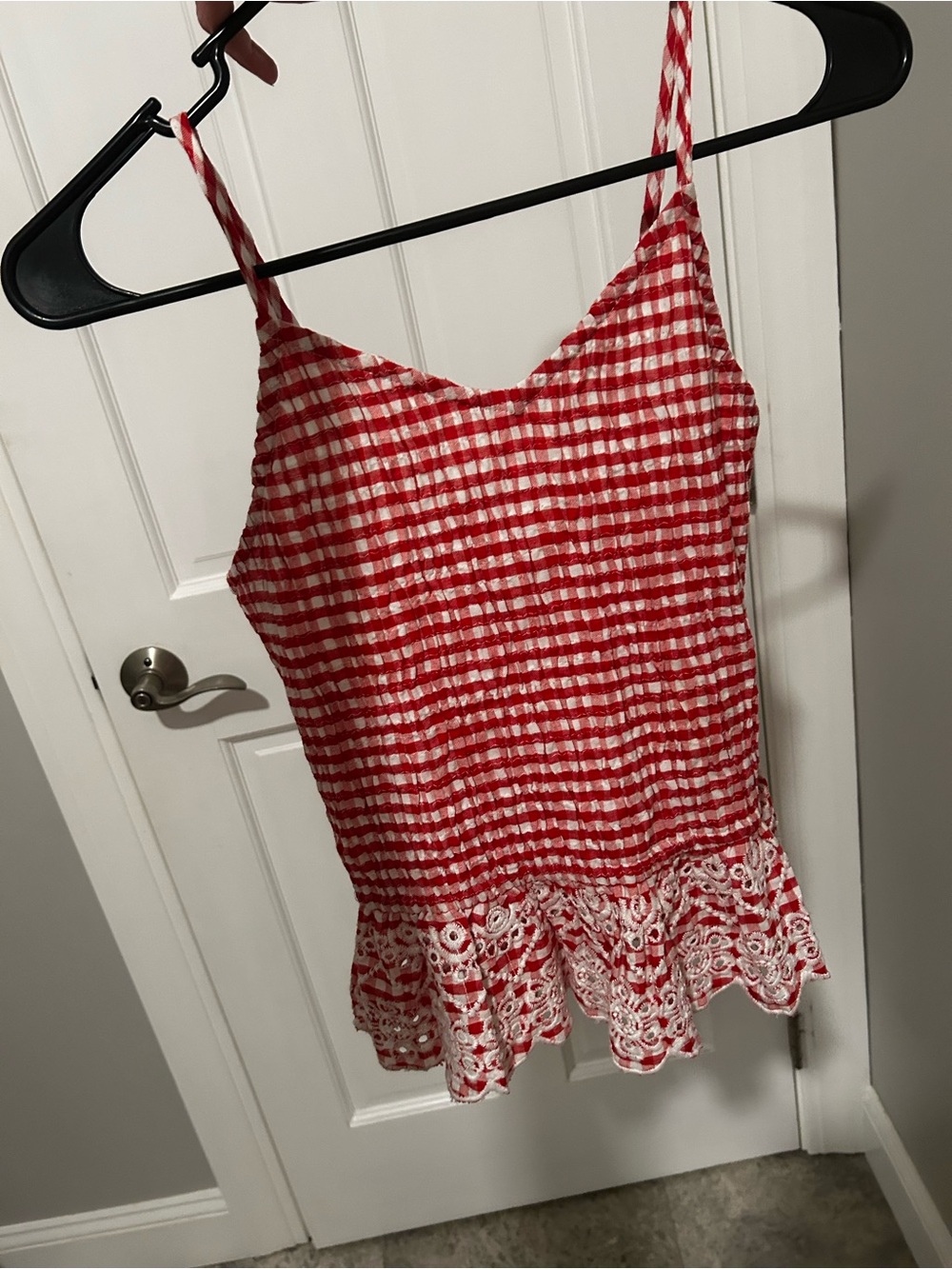 Red Gingham Lace-Hem Spaghetti Strap Cami